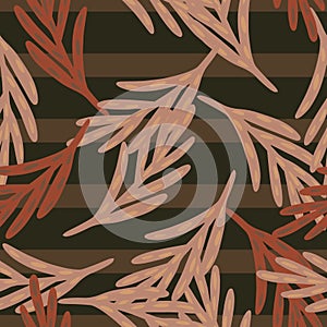 Cartoon seamless pattern with simple leaf twig silhouettes print in pink pale tones. Brown striped background