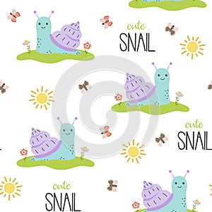 Cartoon seamless pattern with snail, vector illustration
