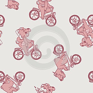 Cartoon seamless pink pattern with dog riding a bike. Vector hand drawn texture. Happy puppy on bicycle.