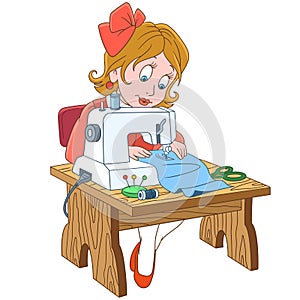 Cartoon seamstress working on electric sewing machine