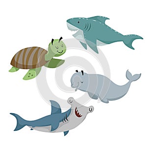 Cartoon sean animals set. Sea turtle, shark, hammerhead fish, beluga white whale. Sea and ocean animals.
