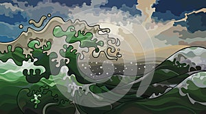 Cartoon seascape with beautiful foamed green wave