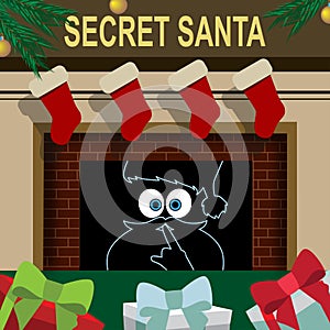 Cartoon Secret Santa Christmas invitation template with fireplace