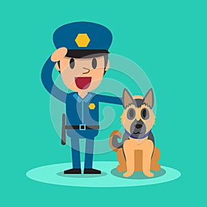 Cartoon security guard policeman with guard dog