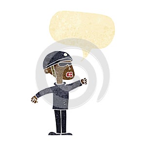 cartoon security guy with speech bubble