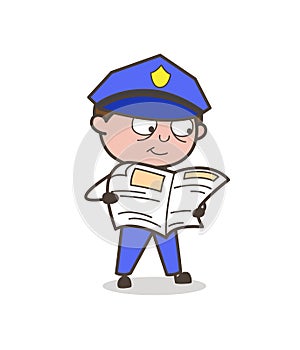 Cartoon Security Officer Reading Newspaper