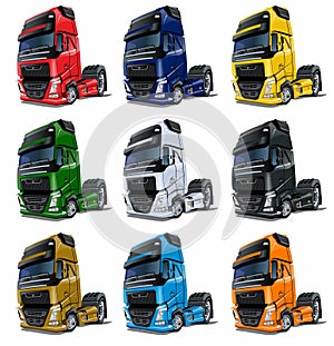 Cartoon semi trucks set isolated on white