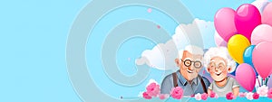 cartoon senior couple in love, senior couple in love, valentines day, grandparents day, banner with copy space made with