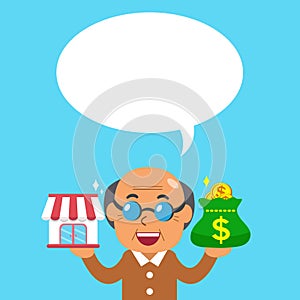 Cartoon senior man carrying franchise business store and money bag with white speech bubble