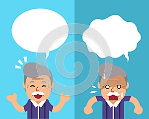 Cartoon a senior man expressing different emotions with speech bubbles