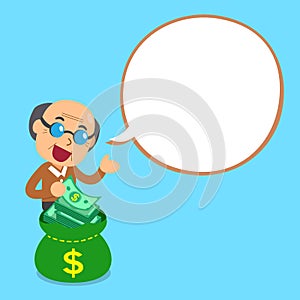 Cartoon senior man and money bag with white speech bubble