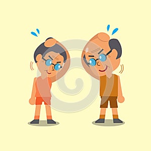 Cartoon senior man and senior woman doing neck side bend stretch exercise