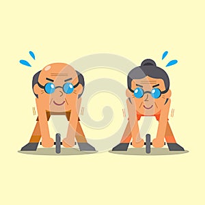 Cartoon senior man and woman doing ab wheel rollout exercise