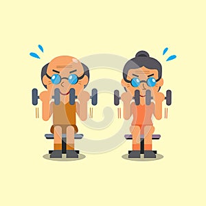 Cartoon senior man and woman doing dumbbell curl exercise