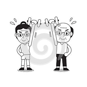 Cartoon senior man and woman doing dumbbell exercise