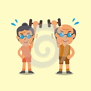 Cartoon senior man and woman doing dumbbell exercise