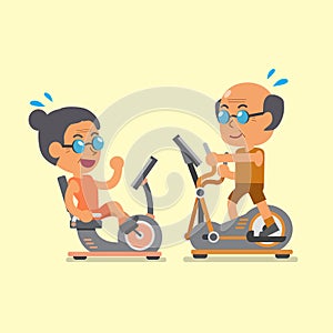 Cartoon senior people doing exercise with exercise bike and elliptical machines
