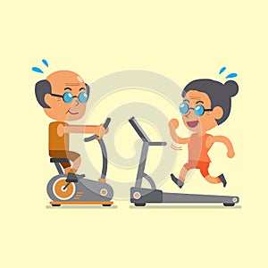 Cartoon senior people doing exercise with exercise bike and treadmill