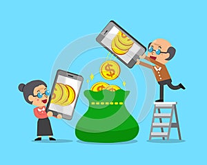 Cartoon senior people using smartphones to earn money