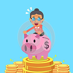 Cartoon senior woman riding pink piggy bank with money background