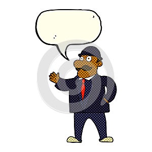 cartoon sensible business man in bowler hat with speech bubble