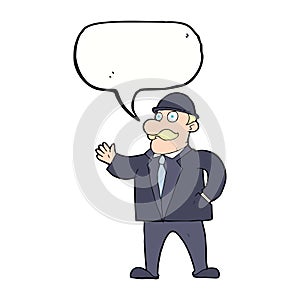 cartoon sensible business man in bowler hat with speech bubble