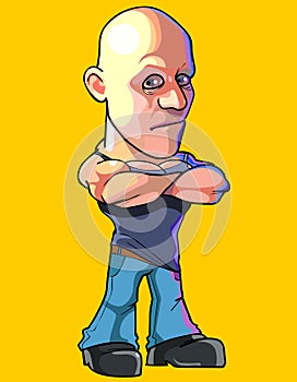 Cartoon serious bald man standing with arms crossed on chest