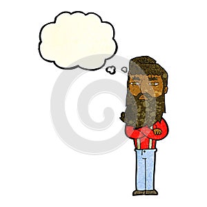 cartoon serious man with beard with thought bubble