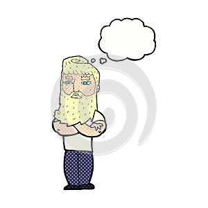 cartoon serious man with beard with thought bubble