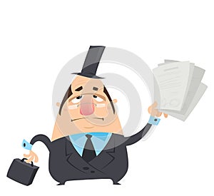 Cartoon serious man in black costume holding papers with signatures