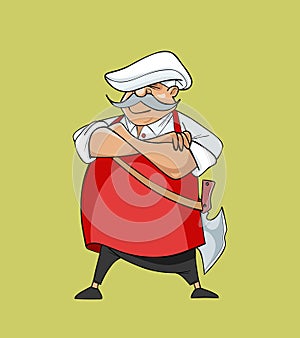 Cartoon serious mustachioed chef with a hatchet