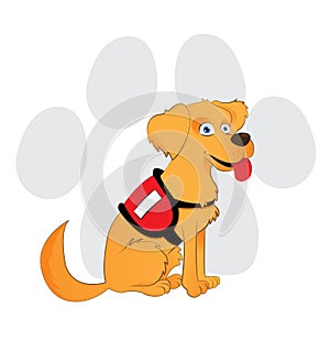 Cartoon service dog sitting on a paw background