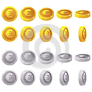 Cartoon set of 3D metallic coins, vector animation game rotation