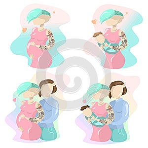 Cartoon set 4 pieces gay lesbian nonconformist couple pregnant with baby