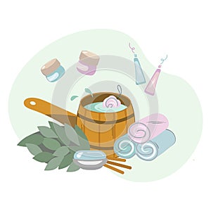 Cartoon set of accessories for bath and sauna, spa treatment. Hygiene products. Birch broom, soap, tub of water, towels