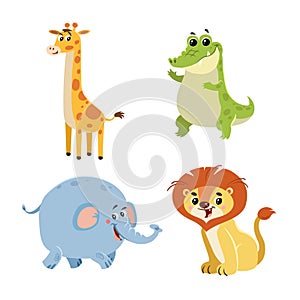 Cartoon set of African wild animals. Giraffe, crocodile, elephant and lion characters. Cute zoo or safari park inhabitants.