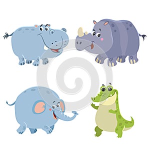 Cartoon set of African wild animals. Hippo, crocodile, elephant and rhino characters. Cute zoo or safari park inhabitants.