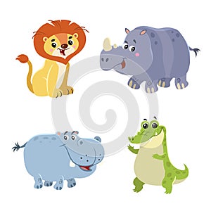 Cartoon set of African wild animals. Hippo, crocodile, lion and rhino characters. Cute zoo or safari park inhabitants.