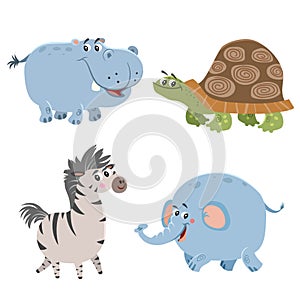 Cartoon set of African wild animals. Hippo, turtle, elephant and zebra characters. Cute zoo or safari park inhabitants.