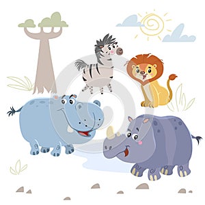 Cartoon set of African wild animals. Zebra, hippo, lion and rhino characters. Cute zoo or safari park inhabitants.