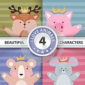 Cartoon set animals - deer, pig, bear, mouse.