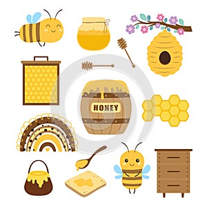 cartoon set with bees and honey