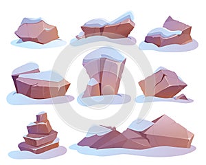 Cartoon set of big stones, rough boulders or hard rock lumps