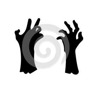 Cartoon set of black halloween holiday silhouette elements of hands isolated on white background.