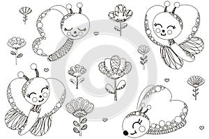 Cartoon set of black and white cute cartoon funny characters of butterflies, abstract flowers, doodles of hearts. Outline isolated