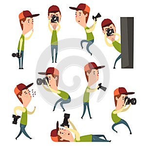 Cartoon set of boy with camera in different situations. Young guy photographer with professional equipment. Kid in green