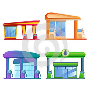 Cartoon set of buildings of gas stations isolated on white background