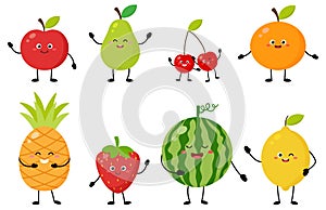 Cartoon set of cheerful cute fruits characters with different poses and emotions.