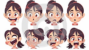 Cartoon set of child mouth animations. Girl with different expressions and lips poses in different pronunciations of