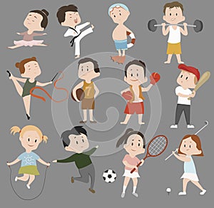 Cartoon set of children in sports training. Collection of children involved in various sports. Vector illustration for